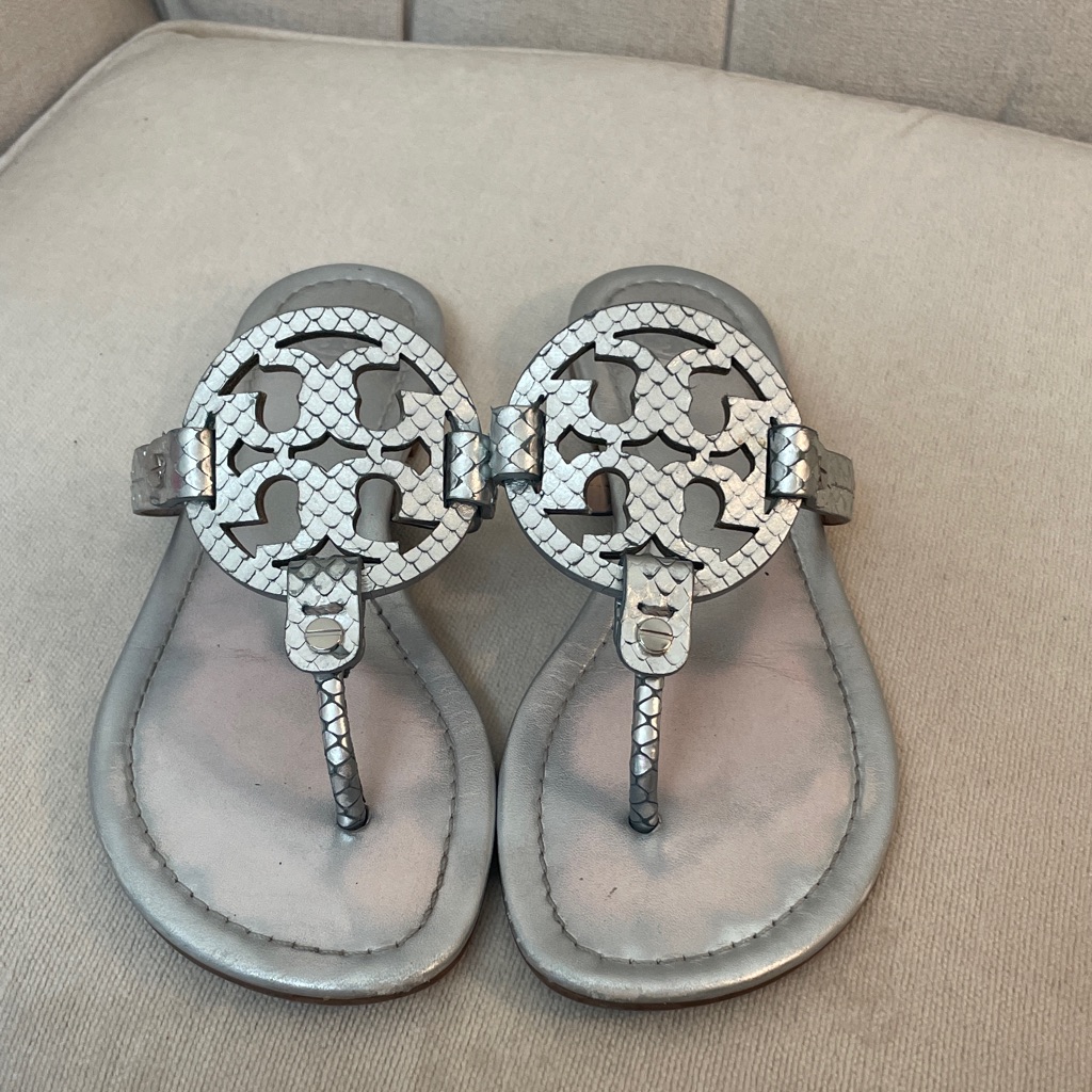 Tory Burch Metallic Silver Snake Embossed Sandals